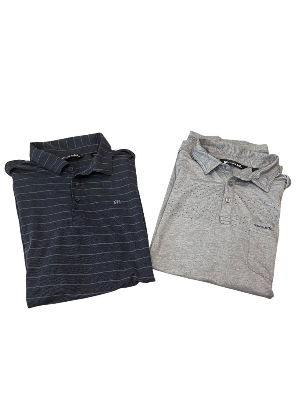 Travis Mathew Mens XL Polo Shirts Gray & Perforated Navy Blue Striped Set of 2